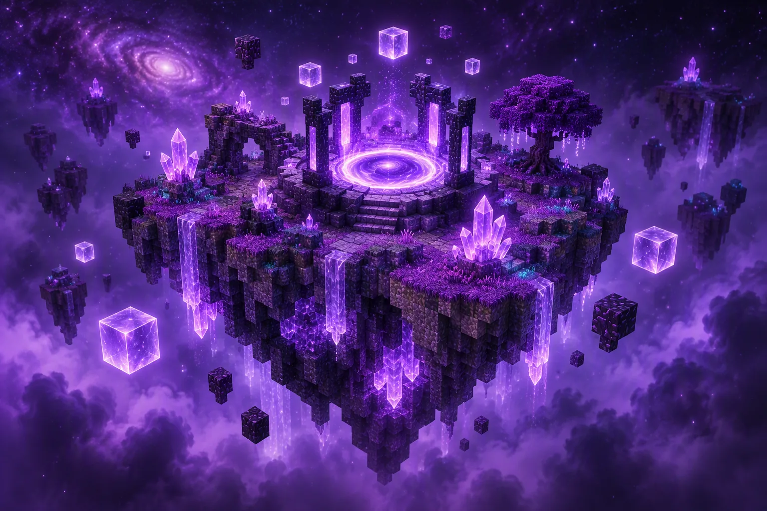 Isla voxel flotante con cristales y un portal violeta brillante